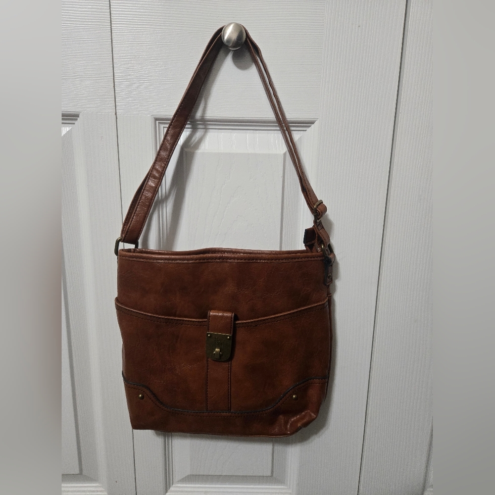 Style & Co Brown Leather Purse Shoulder Bag Zippered Closure, Multiple Pockets